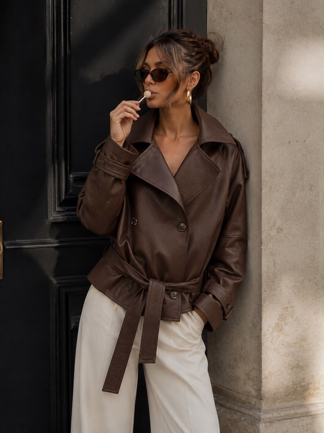 Edgy Chic Double-Breasted Faux Leather Belted Jacket