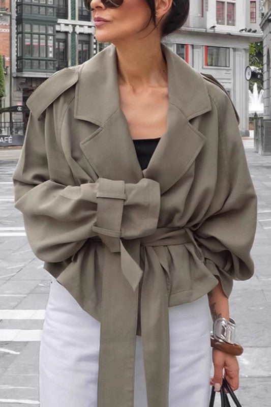 Chic Lapel Belted Short Trench Coat - Olive Green