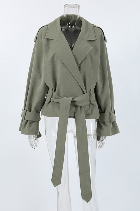 Chic Lapel Belted Short Trench Coat - Olive Green