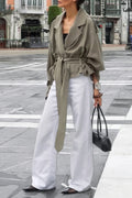 Chic Lapel Belted Short Trench Coat - Olive Green