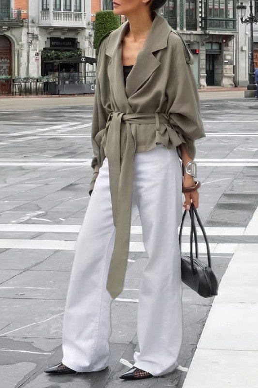 Chic Lapel Belted Short Trench Coat - Olive Green