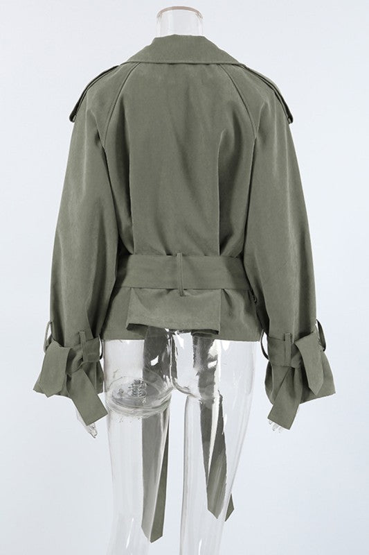 Chic Lapel Belted Short Trench Coat - Olive Green