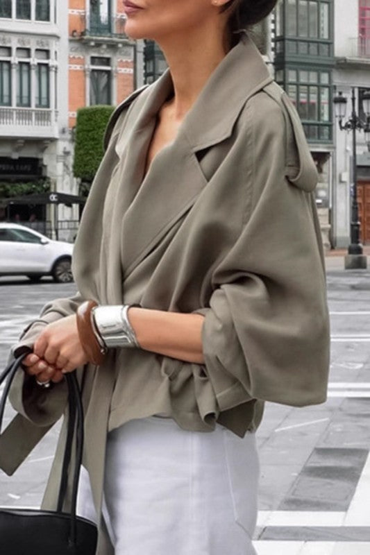 Chic Lapel Belted Short Trench Coat - Olive Green