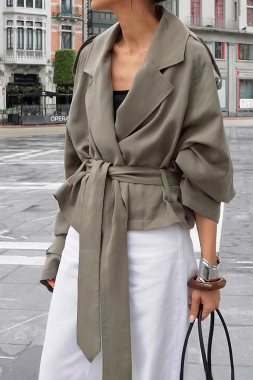 Chic Lapel Belted Short Trench Coat - Olive Green