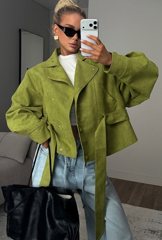 Women's Lime Green Stand Collar Short Trench Coat