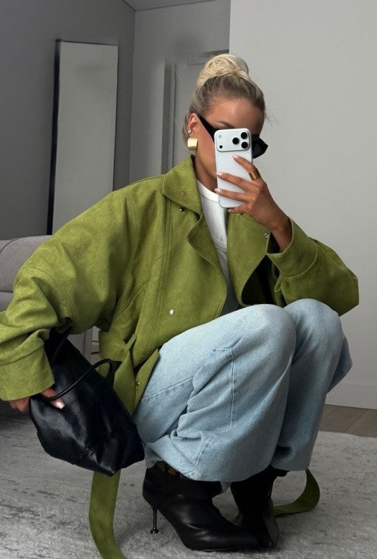 Women's Lime Green Stand Collar Short Trench Coat
