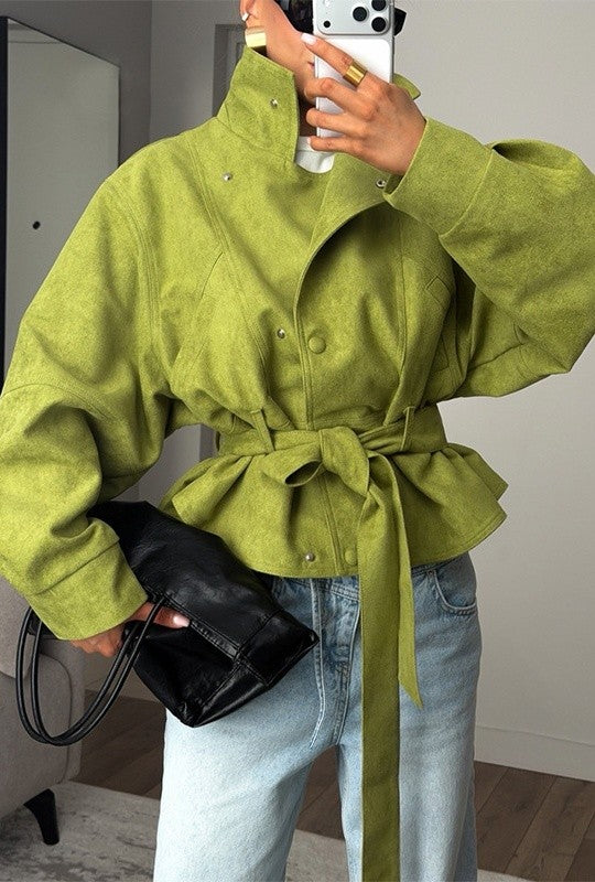 Women's Lime Green Stand Collar Short Trench Coat