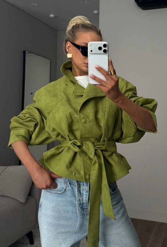 Women's Lime Green Stand Collar Short Trench Coat