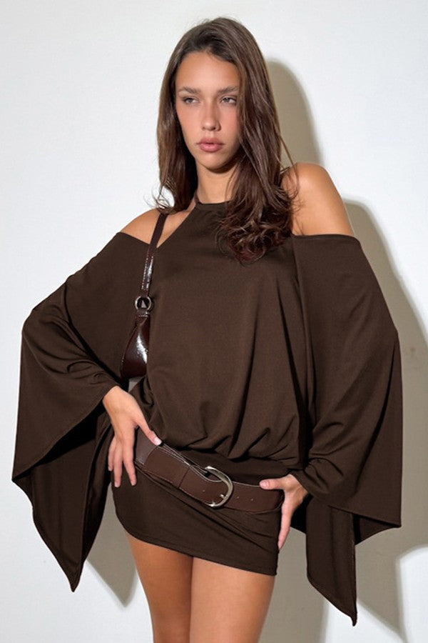 Cold-Shoulder Bell Sleeve Mini Dress