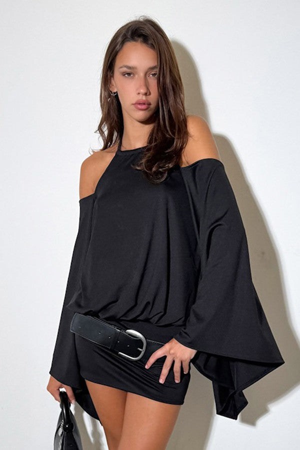 Cold-Shoulder Bell Sleeve Mini Dress