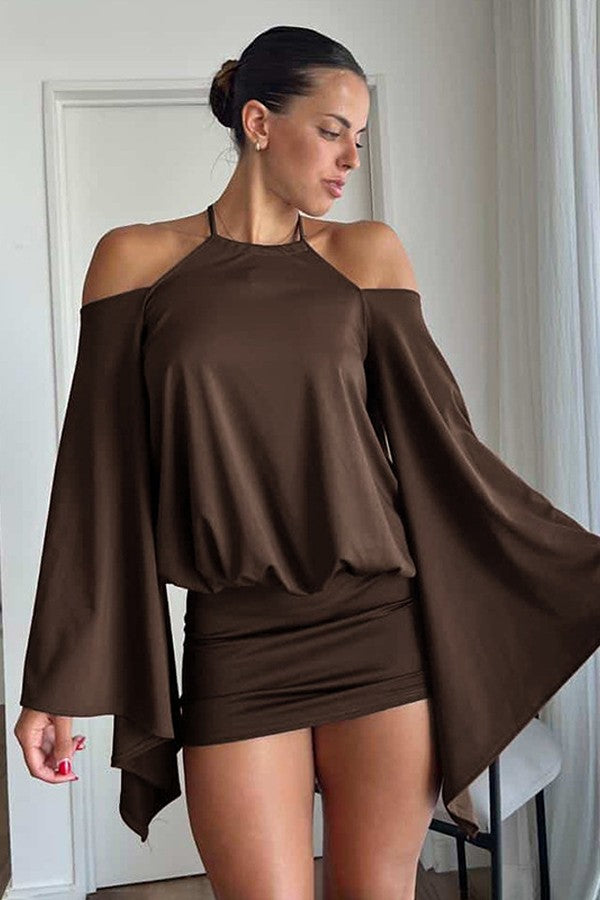 Cold-Shoulder Bell Sleeve Mini Dress