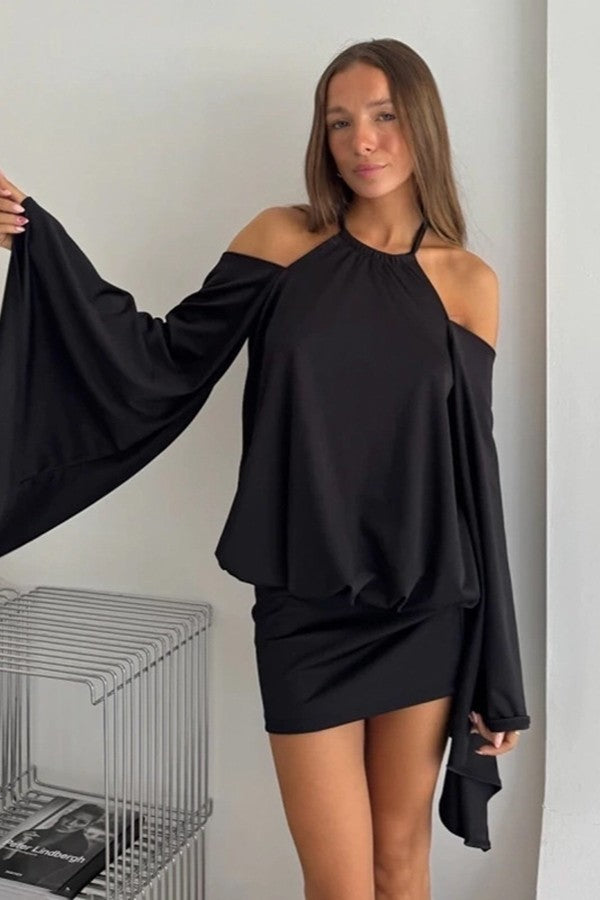 Cold-Shoulder Bell Sleeve Mini Dress