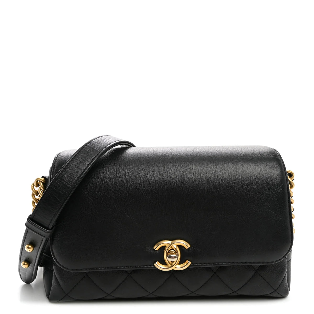 Chanel Calfskin Quilted Side Chain Compartment Flap Black