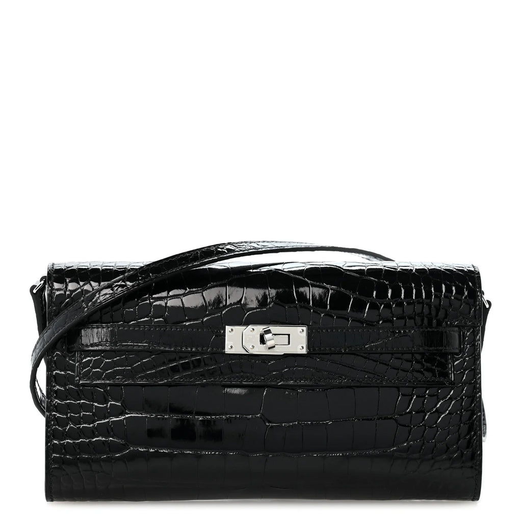 Hermès-Style Shiny Alligator Kelly Wallet To Go Black