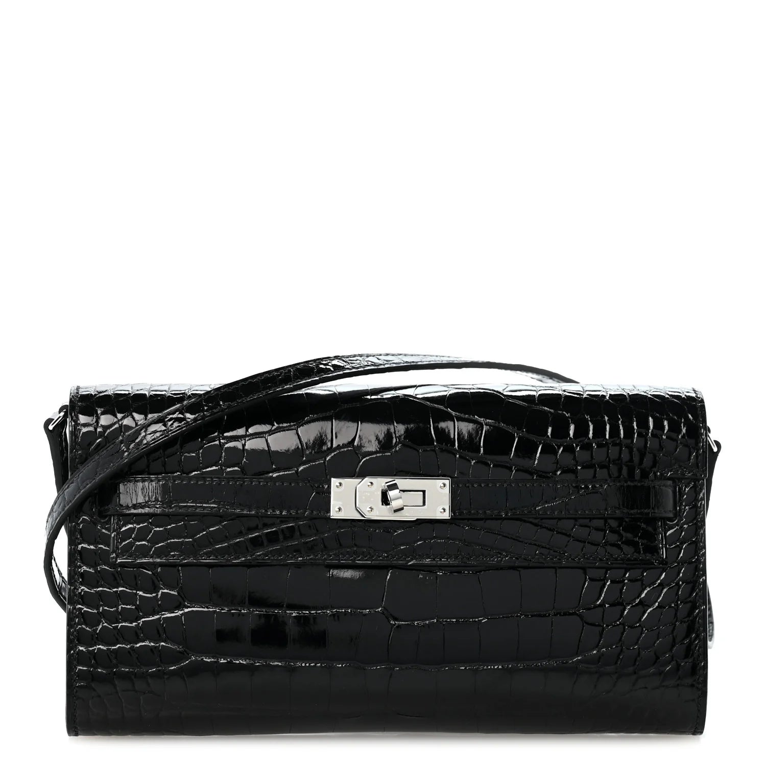 Hermès-Style Shiny Alligator Kelly Wallet To Go Black