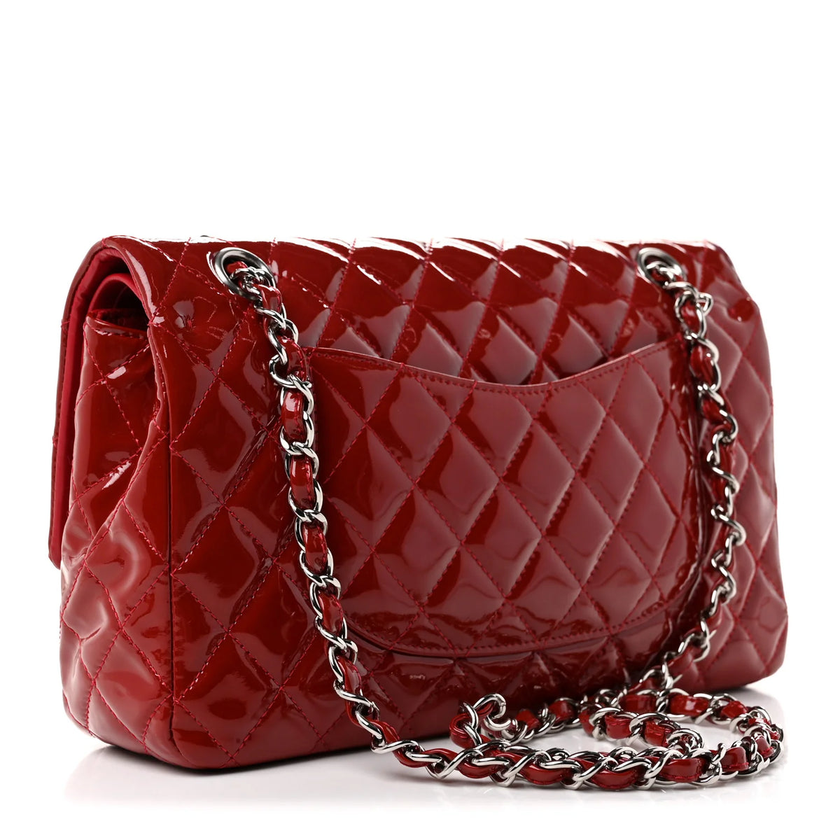 Chanel Red Quilted Patent Leather Classic Flap Bag with Silver Hardware