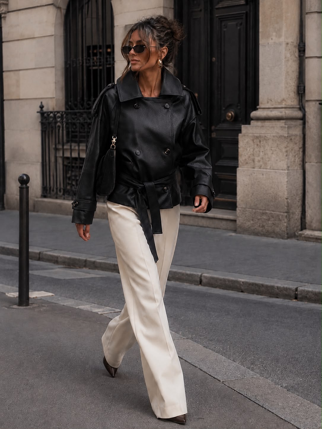 Edgy Chic Double-Breasted Faux Leather Belted Jacket