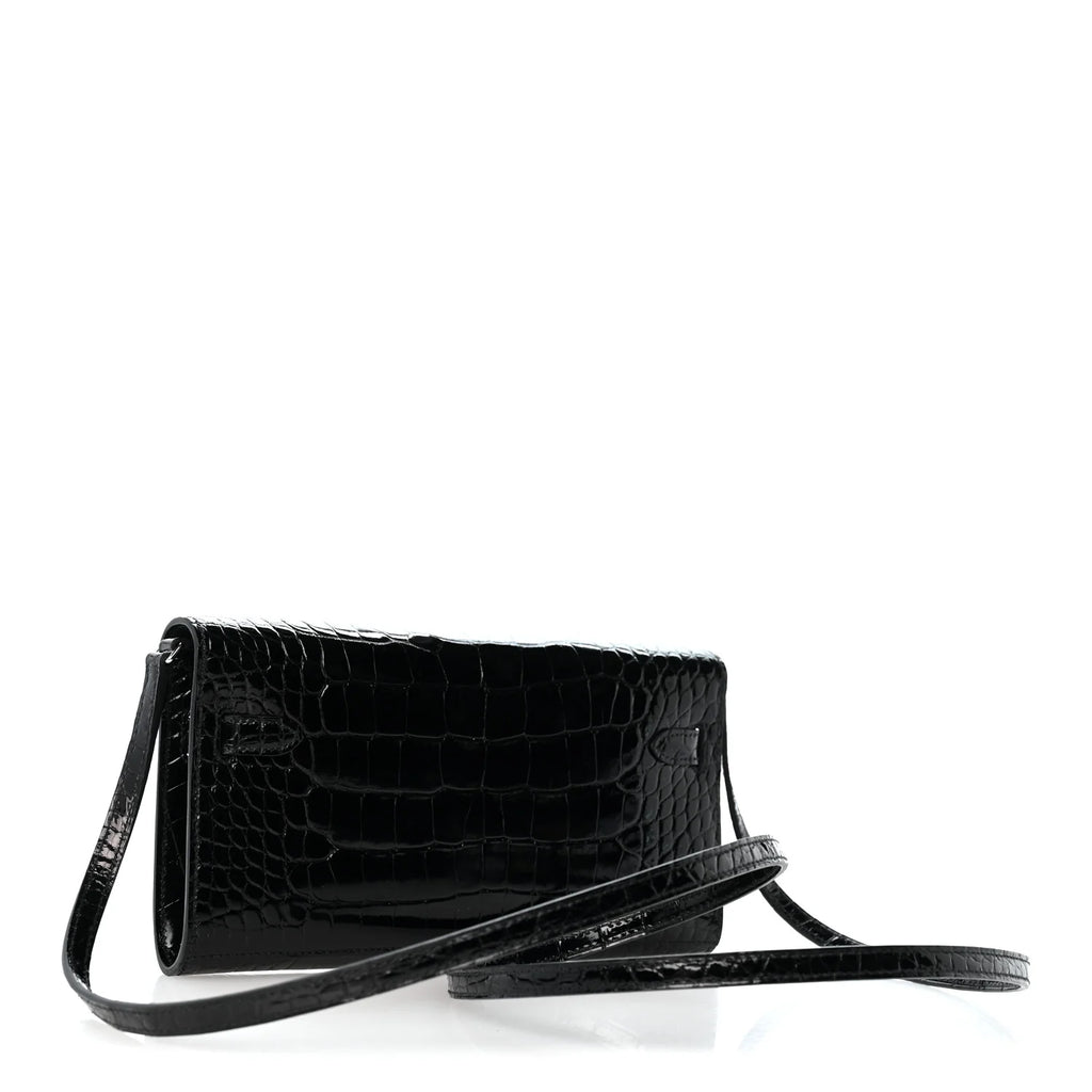 Hermès-Style Shiny Alligator Kelly Wallet To Go Black
