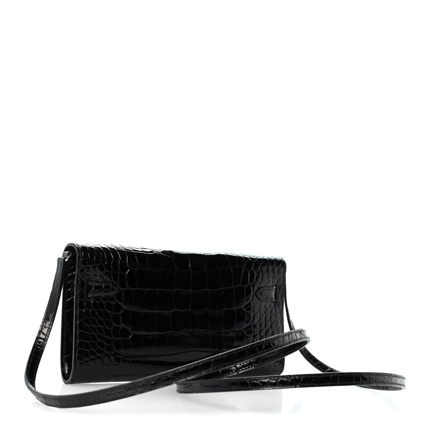 Hermès-Style Shiny Alligator Kelly Wallet To Go Black