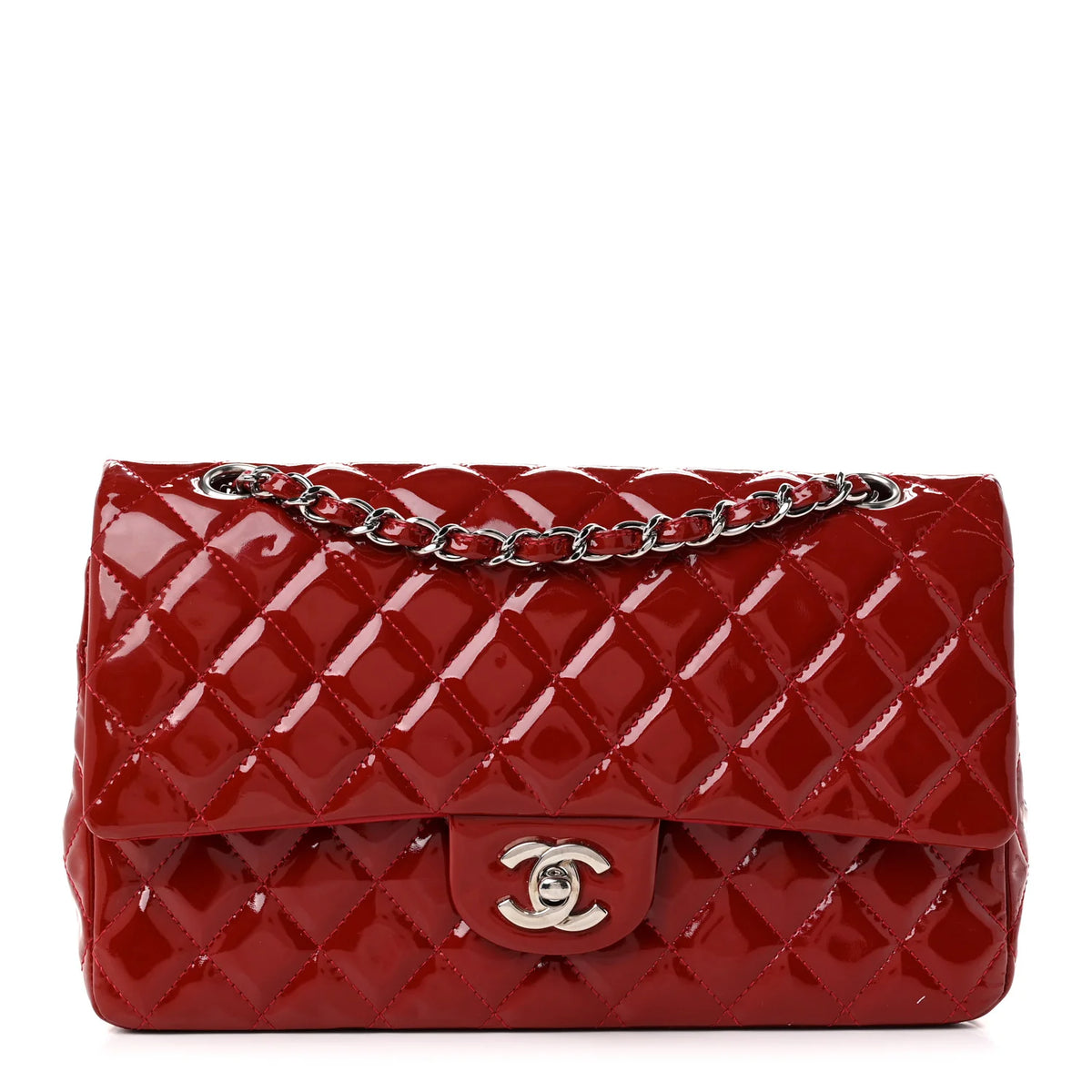 Chanel Red Quilted Patent Leather Classic Flap Bag with Silver Hardware