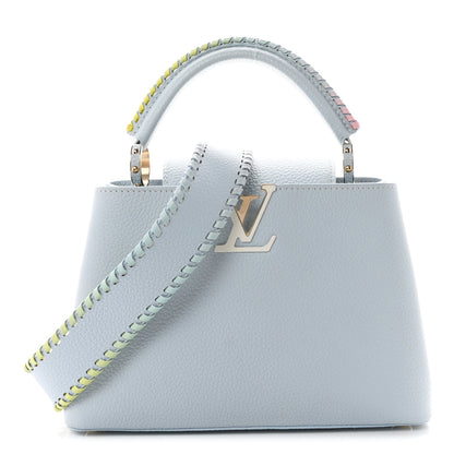 Luxury Light Blue LOUIS VUITTON Textured Leather Top-Handle Bag with Whipstitch Details
