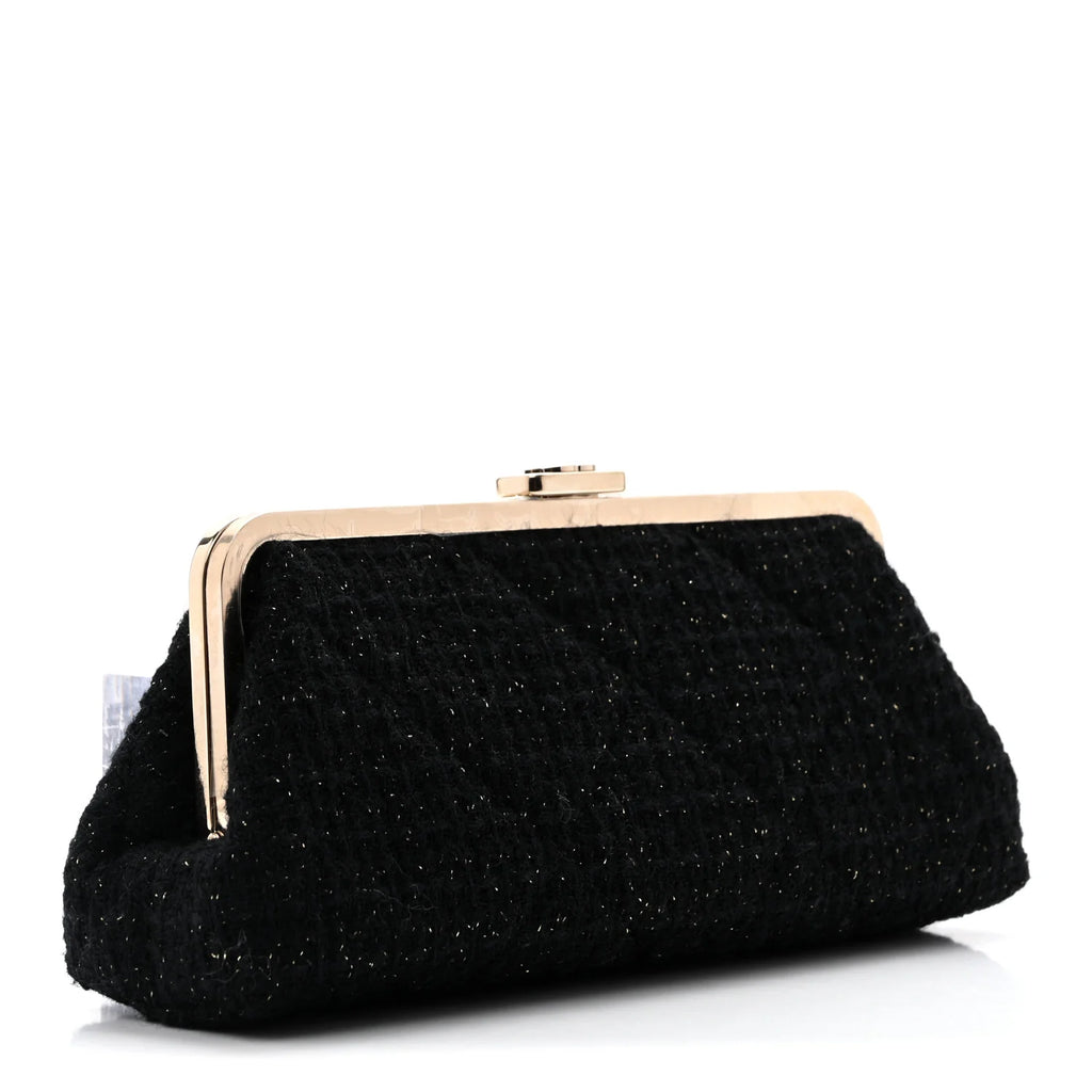 Chanel Tweed Quilted Kiss Lock Clutch Black