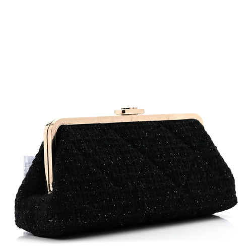 Chanel Tweed Quilted Kiss Lock Clutch Black