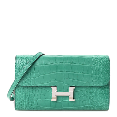 Luxury Green Croc-Embossed Leather Crossbody Bag with Silver HERMES