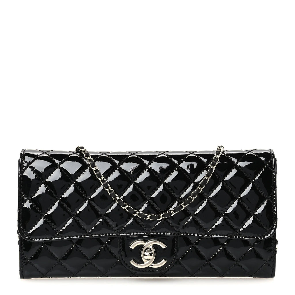Chanel Patent Calfskin Quilted Flap Clutch With Chain Black