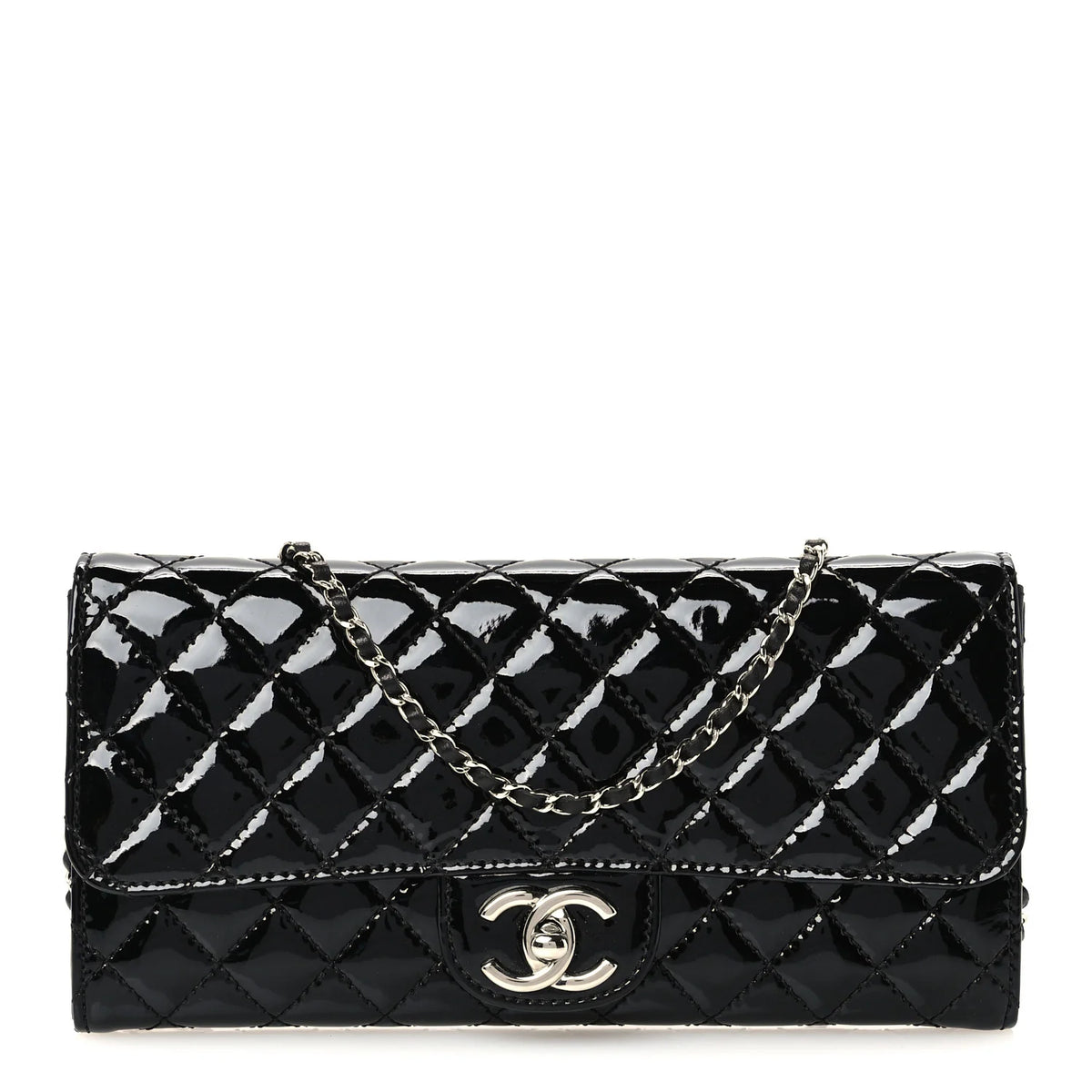 Chanel Patent Calfskin Quilted Flap Clutch With Chain Black