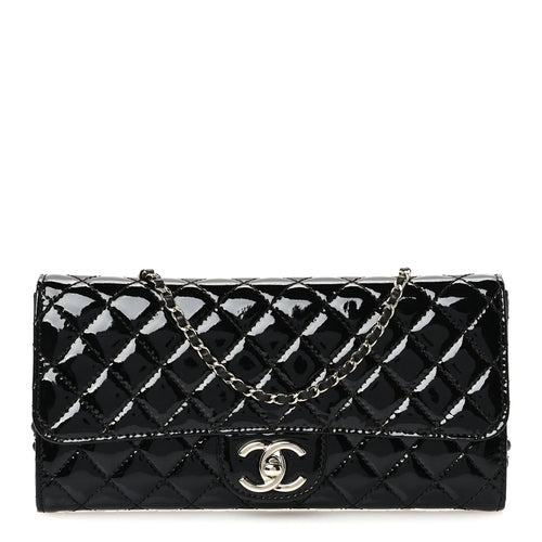 Chanel Patent Calfskin Quilted Flap Clutch With Chain Black