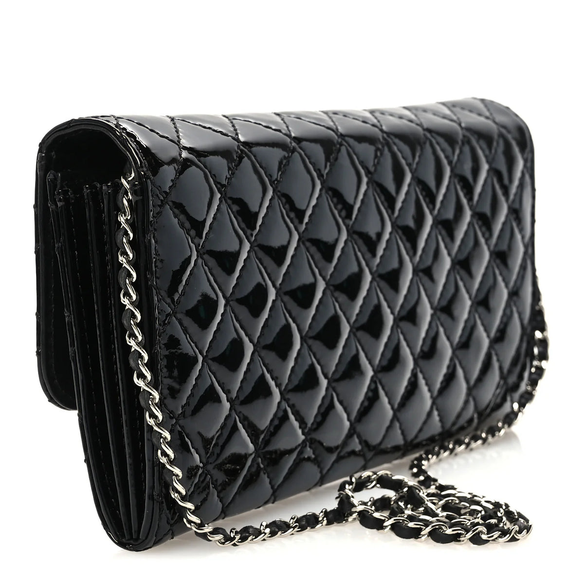 Chanel Patent Calfskin Quilted Flap Clutch With Chain Black