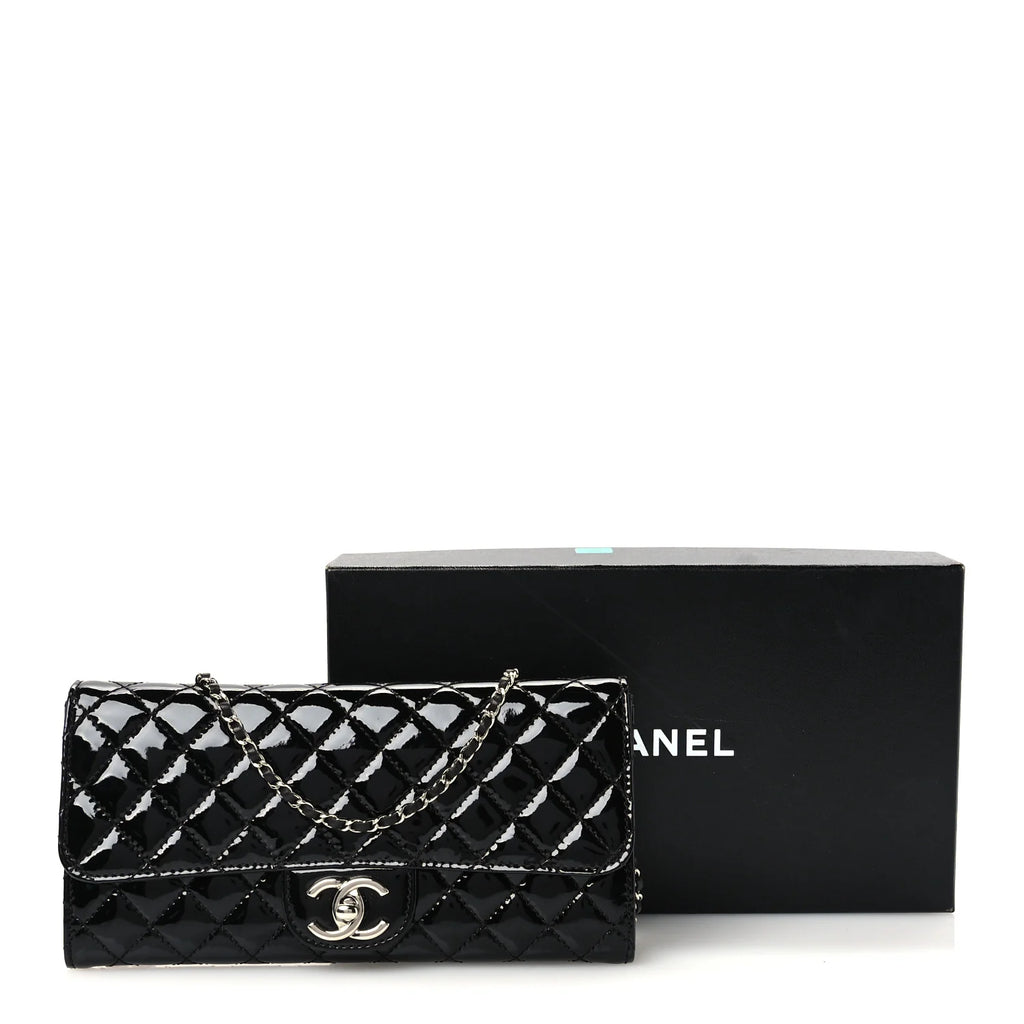 Chanel Patent Calfskin Quilted Flap Clutch With Chain Black