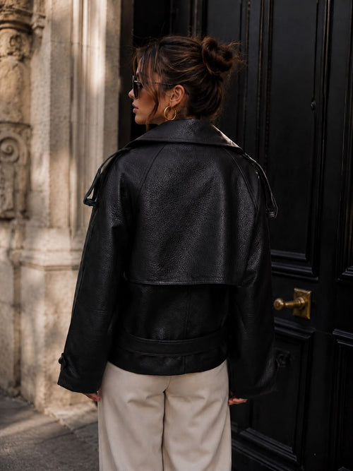 Edgy Chic Double-Breasted Faux Leather Belted Jacket