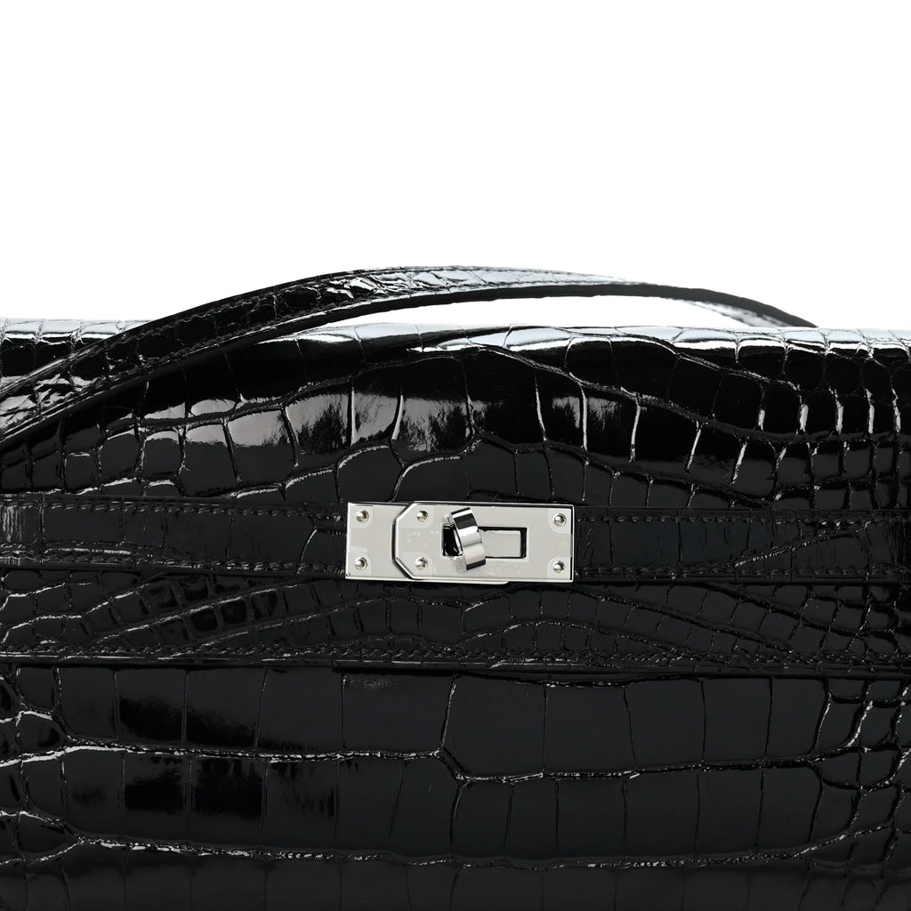 Hermès-Style Shiny Alligator Kelly Wallet To Go Black