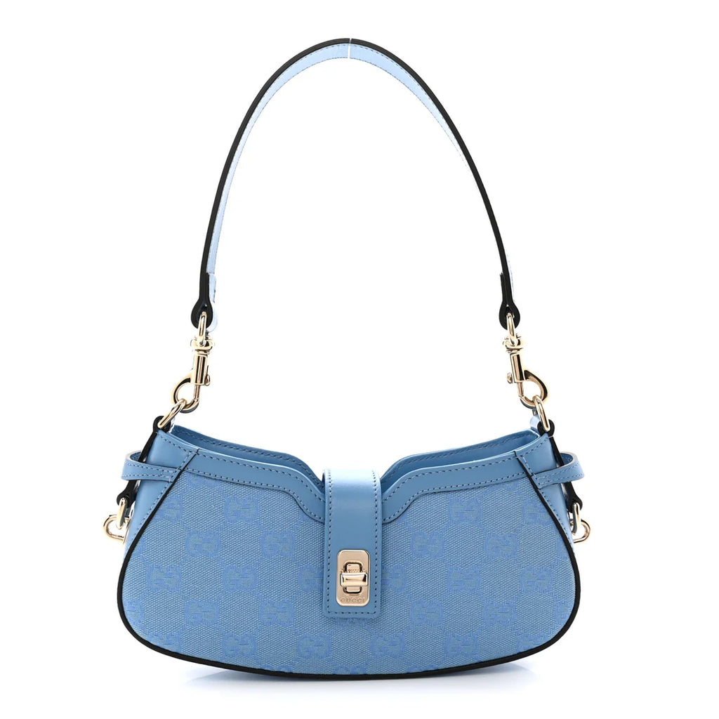 Gucci Moon Side Light Blue GG Canvas Small Shoulder Bag with Gold Hardware