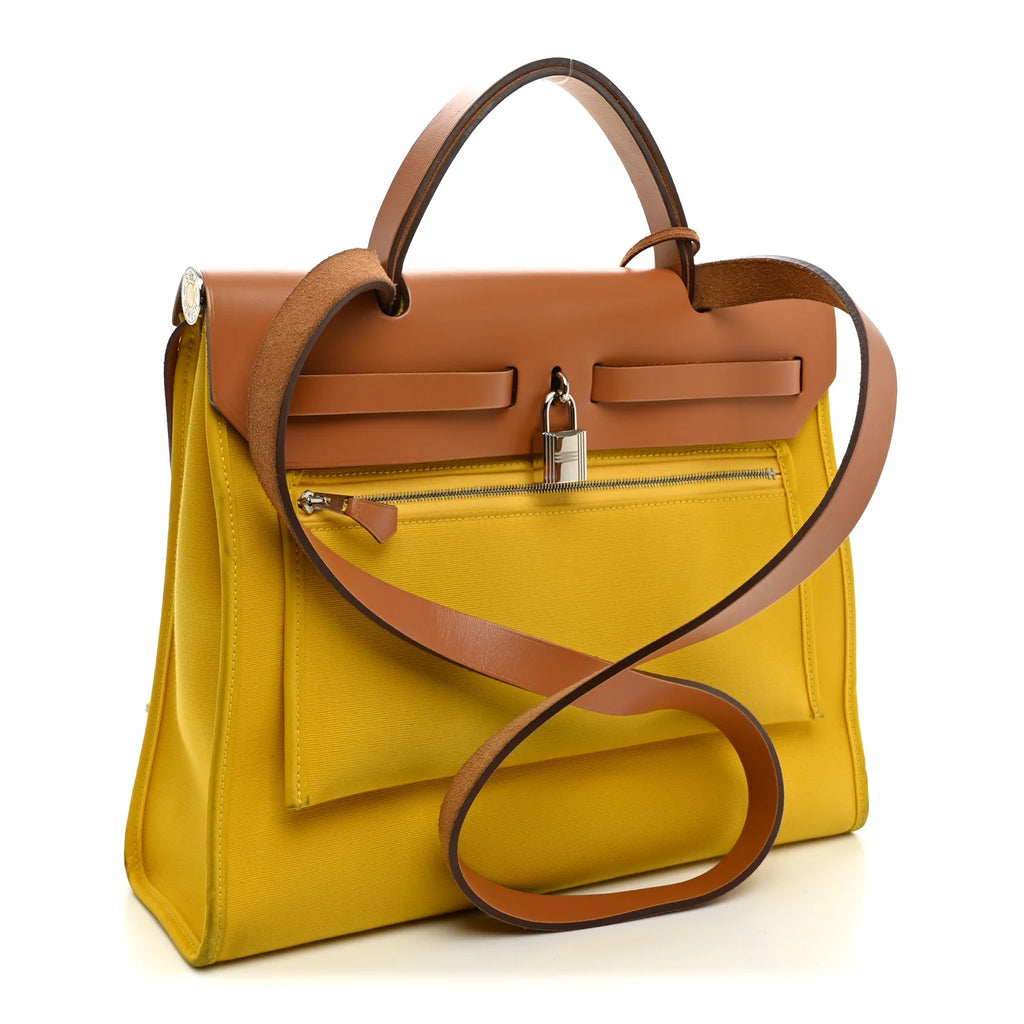 Hermes Vache Hunter Toile Officier Herbag Natural Jaune De Naples