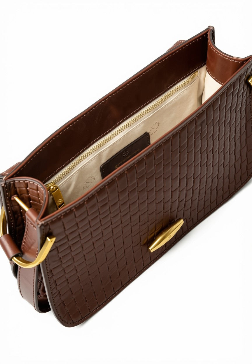 Luxury Woven Leather Shoulder Bag - Dark Chocolate Brown
