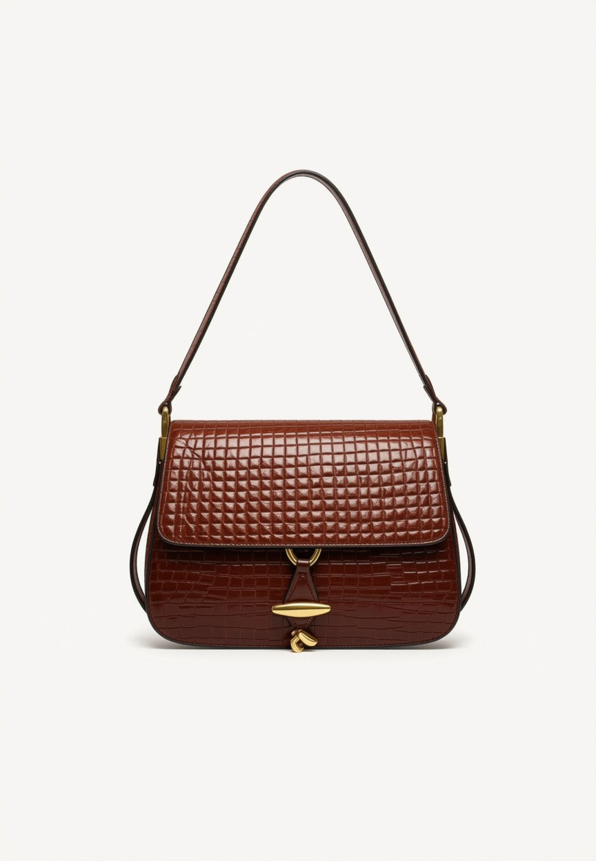 Luxury Woven Leather Shoulder Bag - Dark Chocolate Brown