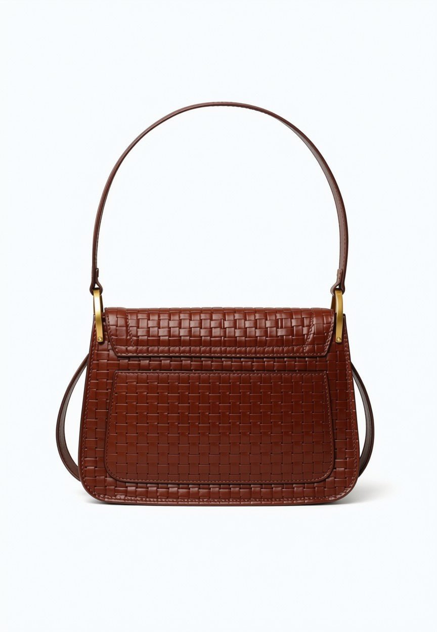 Luxury Woven Leather Shoulder Bag - Dark Chocolate Brown