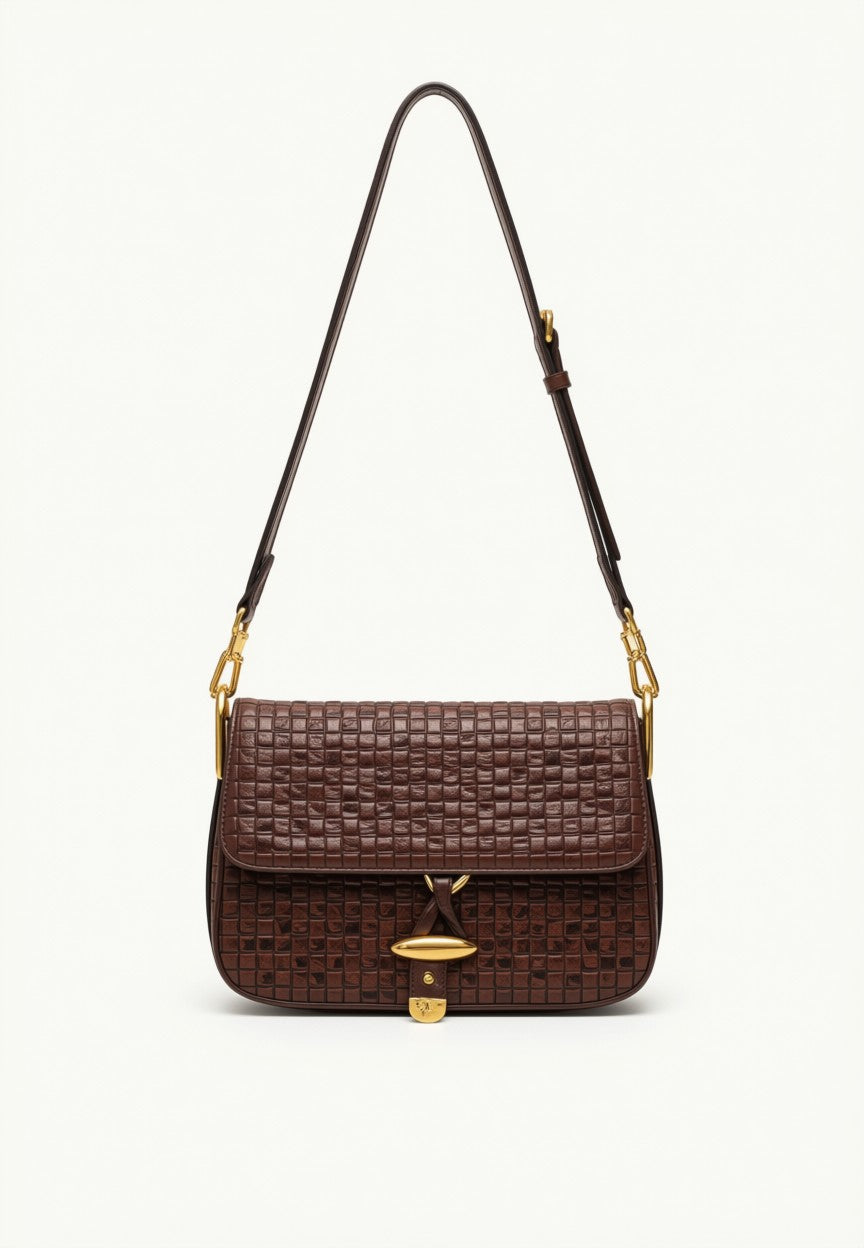 Luxury Woven Leather Shoulder Bag - Dark Chocolate Brown