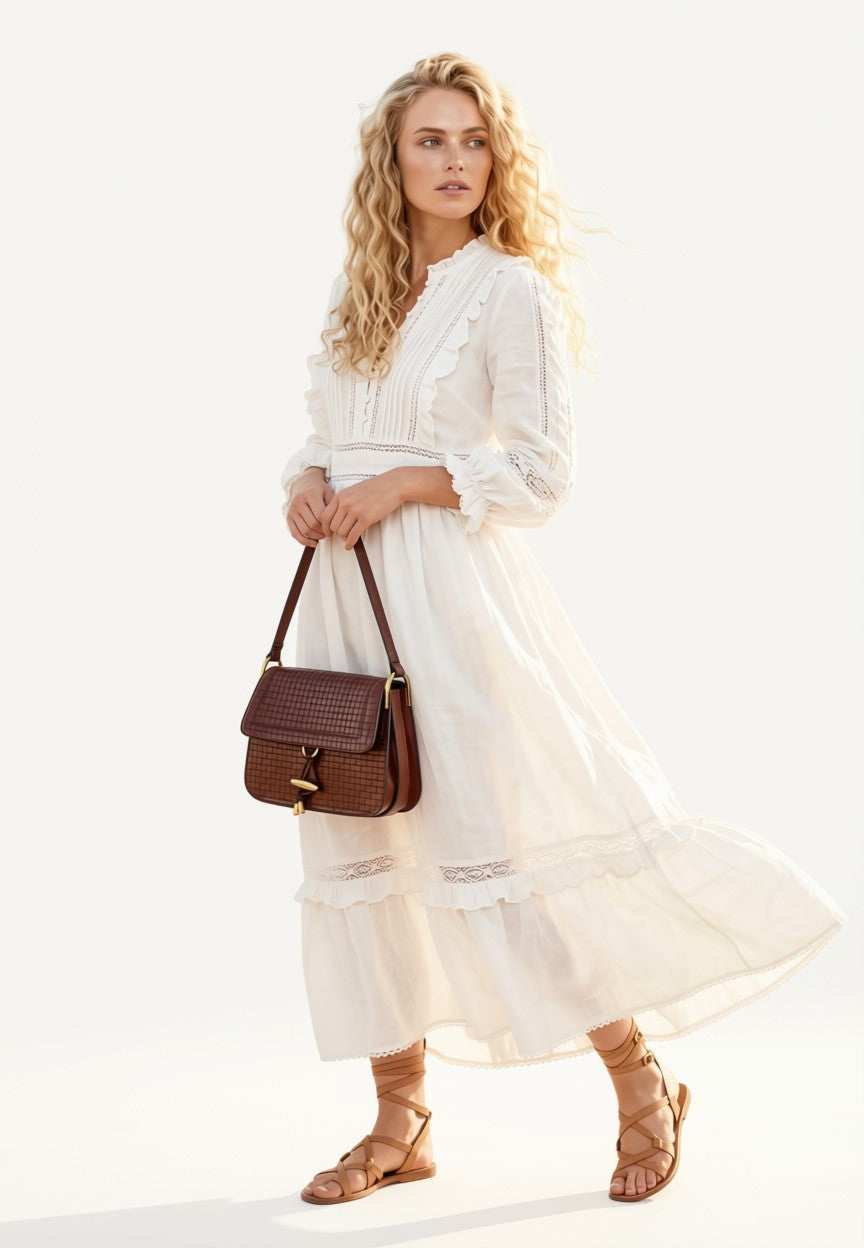 Luxury Woven Leather Shoulder Bag - Dark Chocolate Brown